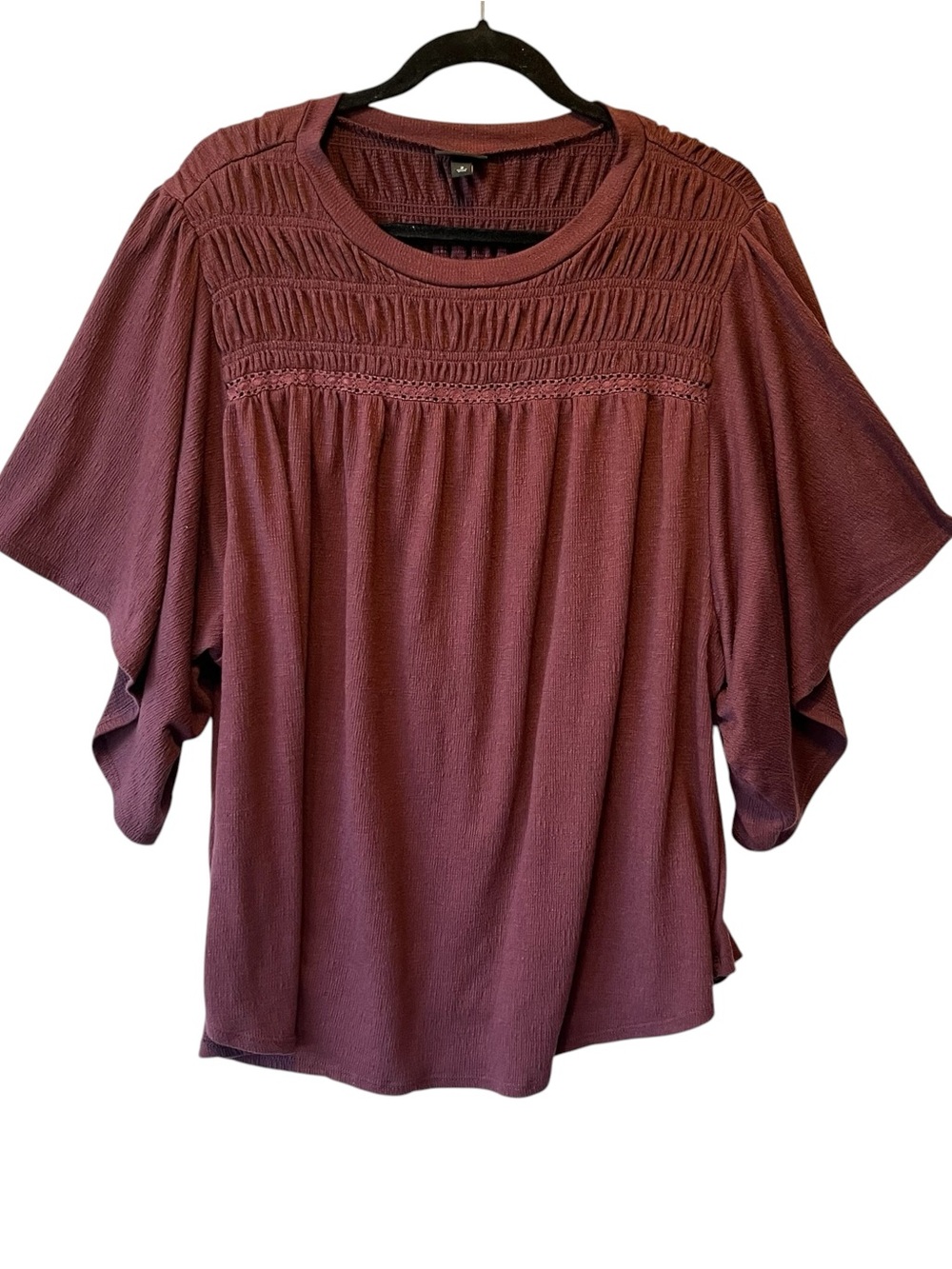 Torrid smocked yoke blouse 2X Burgundy Batwing flutter short sleeves Womens top